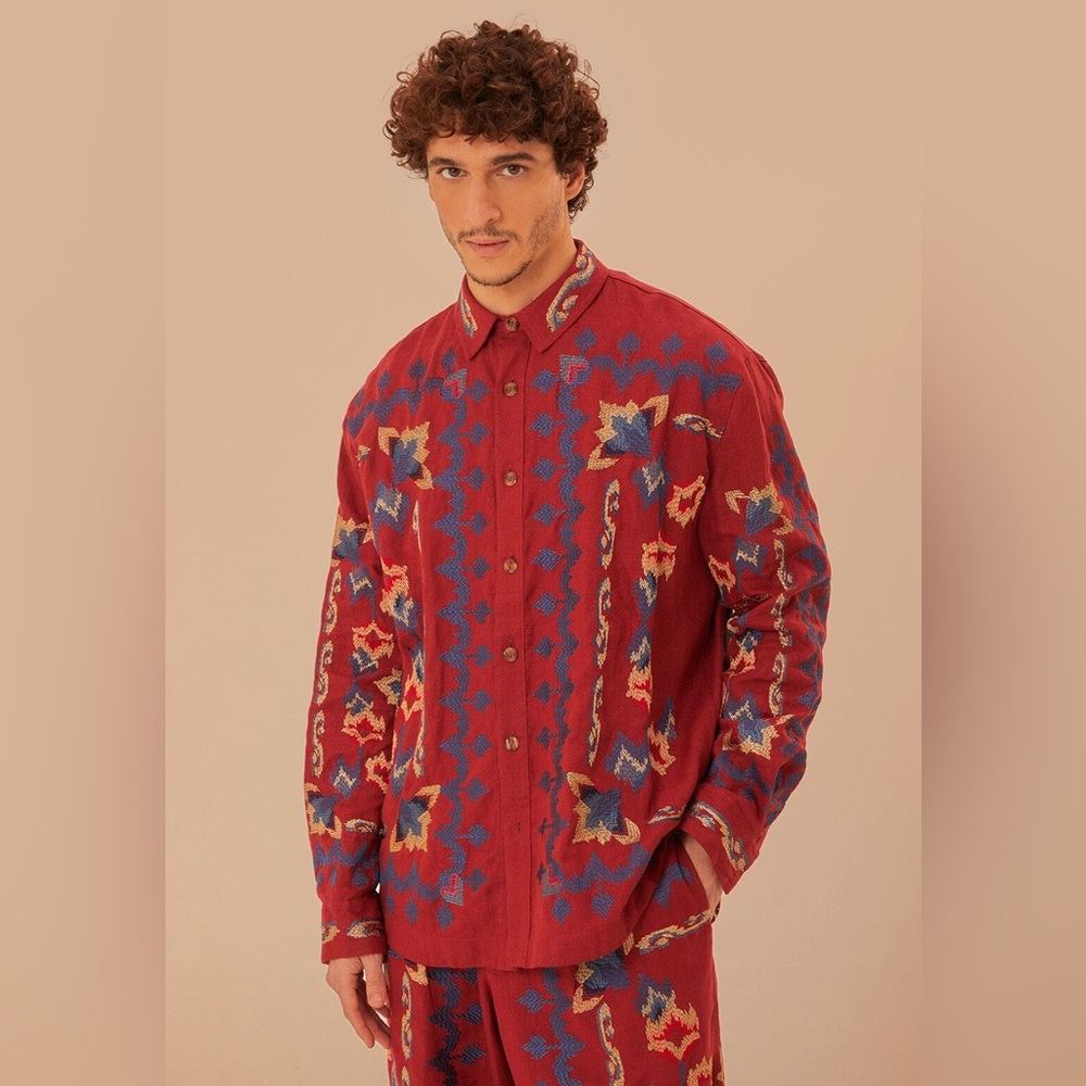 Red Floral Embroidery Jacquard Shirt- unisex